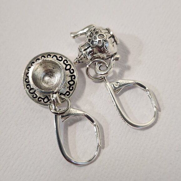 VTG 925 Teapot and Cup & Saucer Dangle Zircon Leverback Earrings - Picture 11 of 14